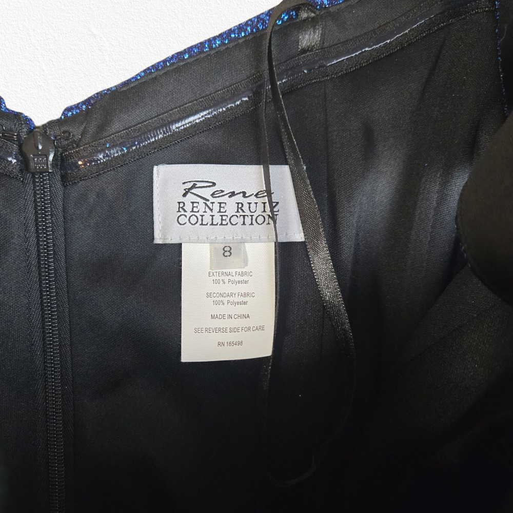 Rene Ruiz Collection Navy Blue Metallic Off Shoulder Ruffle Midi Dress Size 8 - Picture 9 of 14